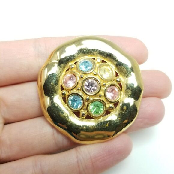 Vintage Gold Tone and Pastel Rainbow Rhinestone Brooch, Unique Retro Shape, 80s - Picture 1 of 6